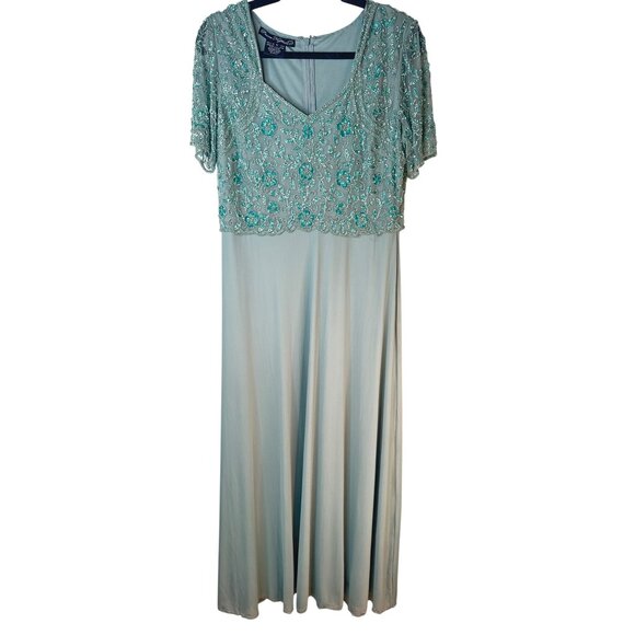 Pisarro Nights Size 10 Aqua Green Beaded Short Sleeve Evening Dress - Picture 1 of 16